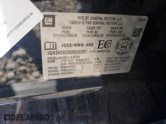 2016 Chevrolet Tahoe LTZ с VIN 1GNSKCKC6GR338091, выставлен на аукционе Copart как лот 82785875 с пробегом 248 436 миль миль и На запчасти • Non repairable. История ставок и продаж доступна на DreamBid. Изображение 13.