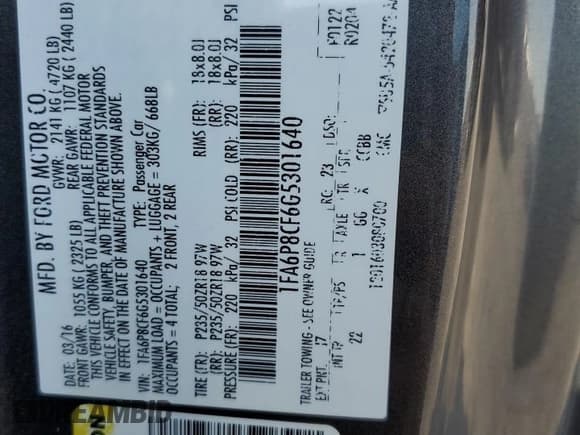 ✅ 2016 Ford Mustang GT Premium • VIN: 1FA6P8CF6G5301640 • Lot: 81197015. Listed on Copart with 66,072 mi. Free auction sales archive from the USA and detailed vehicle history report at DreamBid. Image 13.