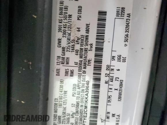 ✅ 2019 Ford Transit • VIN: 1FTYE2CM1KKA39640 • Lot: 91332055. Listed on Copart with 71,195 mi. Free auction sales archive from the USA and detailed vehicle history report at DreamBid. Image 12.