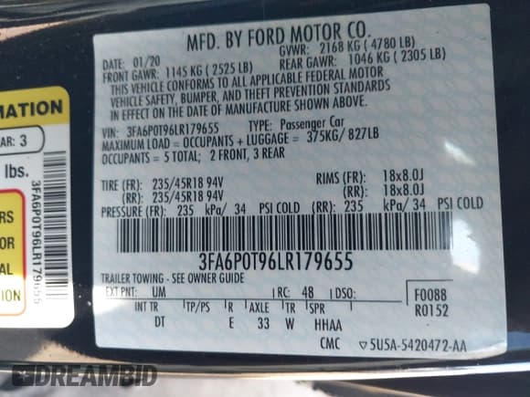 ✅ 2020 Ford Fusion SE • VIN: 3FA6P0T96LR179655 • Лот: 41796399. Опубликован ранее на IAAI с пробегом 54 089 миль. Бесплатный доступ к архиву аукционных продаж из США и подробный отчёт об истории автомобиля на DreamBid. Изображение 9.