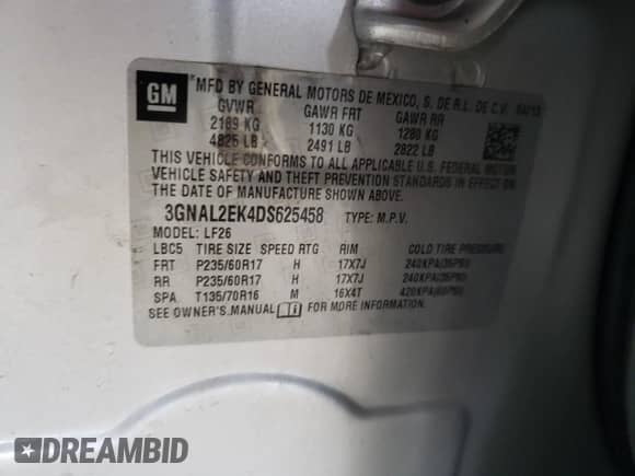 2013 Chevrolet Captiva Sport LS с VIN 3GNAL2EK4DS625458, выставлен на аукционе Copart как лот 80047104 с пробегом 105 410 миль миль и Списание • Salvage title. История ставок и продаж доступна на DreamBid. Изображение 13.