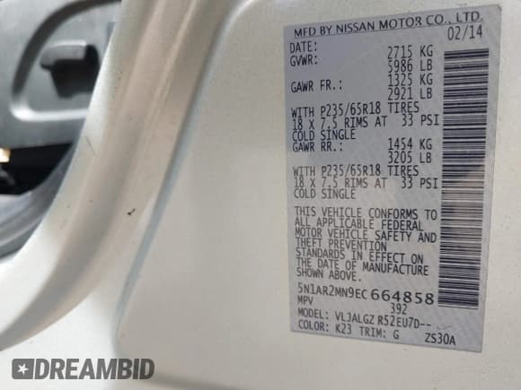 ✅ 2014 Nissan Pathfinder SL • VIN: 5N1AR2MN9EC664858 • Lot: 39286445. Listed on IAAI with 119,074 mi. Free auction sales archive from the USA and detailed vehicle history report at DreamBid. Image 9.