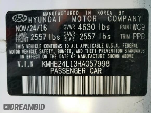 ✅ 2017 Hyundai Sonata SE • VIN: KMHE24L13HA057998 • Lot: 70349042. Listed on Copart with 88,385 mi. Free auction sales archive from the USA and detailed vehicle history report at DreamBid. Image 13.