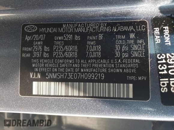 2007 Hyundai Santa Fe SE z VIN 5NMSH73E07H099219, wystawiony jako Copart lot #60456425 z przebiegiem 130 366 mil mil oraz Szkoda całkowita • Salvage title. Historia ofert i sprzedaży dostępna na DreamBid. Obrazek 12.