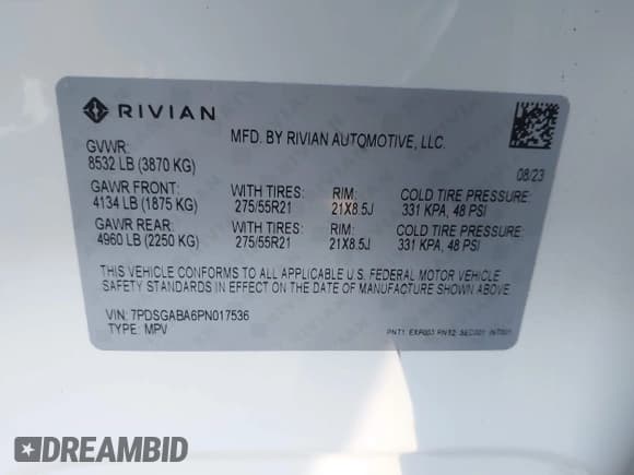 ✅ 2023 Rivian R1S Adventure • VIN: 7PDSGABA6PN017536 • Lot: 43881106. Wystawiony na IAAI z przebiegiem 21 072 mil. Bezpłatny archiwum sprzedaży aukcyjnych z USA i szczegółowy raport historii pojazdu na DreamBid. Zdjęcie 9.