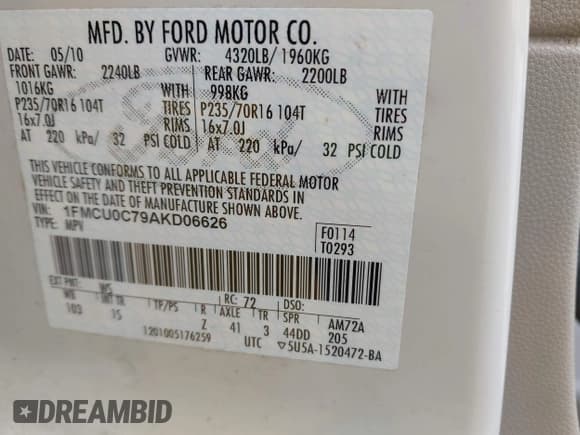 ✅ 2010 Ford Escape XLS • VIN: 1FMCU0C79AKD06626 • Lot: 43894952. Listed on IAAI with 99,581 mi. Free auction sales archive from the USA and detailed vehicle history report at DreamBid. Image 9.