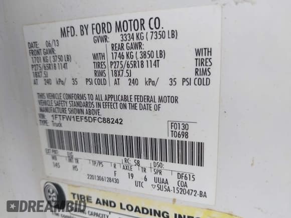 ✅ 2013 Ford F-150 XL • VIN: 1FTFW1EF5DFC88242 • Lot: 42573830. Listed on IAAI with 225,747 mi. Free auction sales archive from the USA and detailed vehicle history report at DreamBid. Image 9.