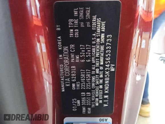 ✅ 2025 Kia Carnival LXS • VIN: KNDNB5K34S6533733 • Lot: 91716245. Listed on Copart with 10,411 mi. Free auction sales archive from the USA and detailed vehicle history report at DreamBid. Image 14.