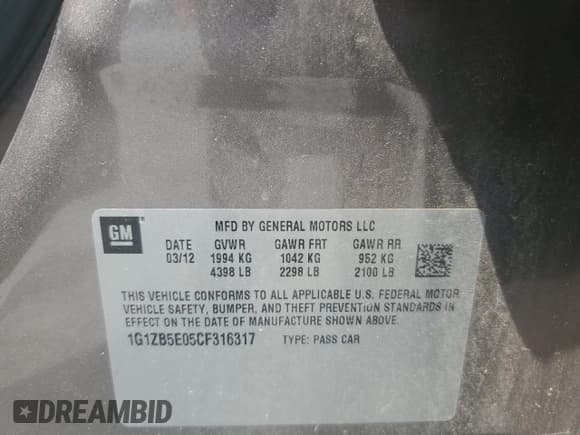 ✅ 2012 Chevrolet Malibu 1LS • VIN: 1G1ZB5E05CF316317 • Lot: 59702495. Listed on Copart with 137,824 mi. Free auction sales archive from the USA and detailed vehicle history report at DreamBid. Image 12.