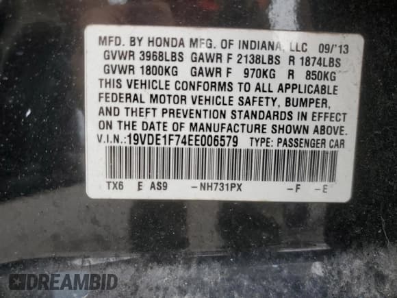 ✅ 2014 Acura ILX Technology • VIN: 19VDE1F74EE006579 • Lot: 60516085. Listed on Copart with 107,310 mi. Free auction sales archive from the USA and detailed vehicle history report at DreamBid. Image 12.