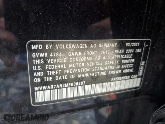 ✅ 2021 Volkswagen Arteon SE • VIN: WVWAR7AN2ME008297 • Lot: 66904005. Listed on Copart with 55,578 mi. Free auction sales archive from the USA and detailed vehicle history report at DreamBid. Image 13.