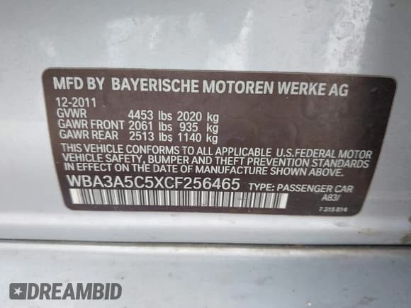 ✅ 2012 BMW 3 Series 328i • VIN: WBA3A5C5XCF256465 • Lot: 42225222. Listed on IAAI with 162,293 mi. Free auction sales archive from the USA and detailed vehicle history report at DreamBid. Image 9.