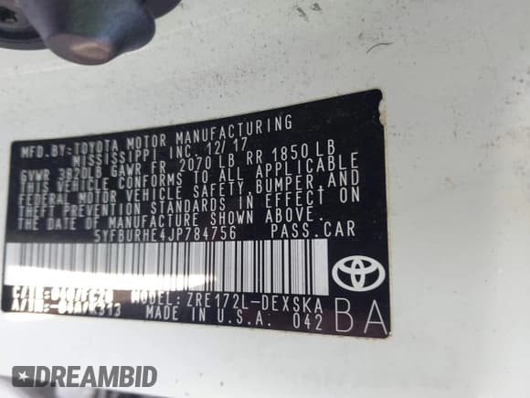 ✅ 2018 Toyota Corolla SE • VIN: 5YFBURHE4JP784756 • Lot: 43242584. Listed on IAAI with 146,571 mi. Free auction sales archive from the USA and detailed vehicle history report at DreamBid. Image 9.