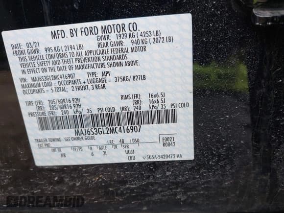 ✅ 2021 Ford EcoSport SE • VIN: MAJ6S3GL2MC416907 • Lot: 41814690. Listed on IAAI with 46,429 mi. Free auction sales archive from the USA and detailed vehicle history report at DreamBid. Image 9.