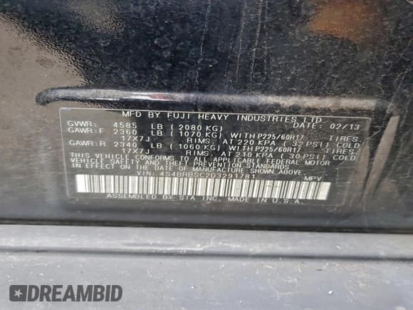 ✅ 2013 Subaru Outback Limited • VIN: 4S4BRBSC2D3291781 • Lot: 94329675. Listed on Copart with 125,395 mi. Free auction sales archive from the USA and detailed vehicle history report at DreamBid. Image 13.