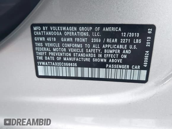 ✅ 2014 Volkswagen Passat S • VIN: 1VWAT7A32EC056635 • Lot: 42871904. Listed on IAAI with 87,686 mi. Free auction sales archive from the USA and detailed vehicle history report at DreamBid. Image 9.