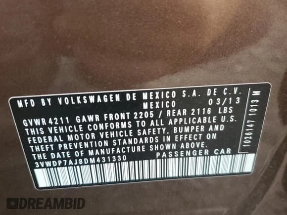 ✅ 2013 Volkswagen Jetta SE • VIN: 3VWDP7AJ8DM431330 • Lot: 56738795. Listed on Copart with 114,151 mi. Free auction sales archive from the USA and detailed vehicle history report at DreamBid. Image 13.