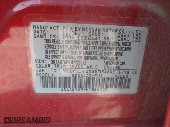 ✅ 2017 Nissan Sentra SL • VIN: 3N1AB7APXHY228272 • Lot: 42101695. Listed on IAAI with 78,497 mi. Free auction sales archive from the USA and detailed vehicle history report at DreamBid. Image 9.