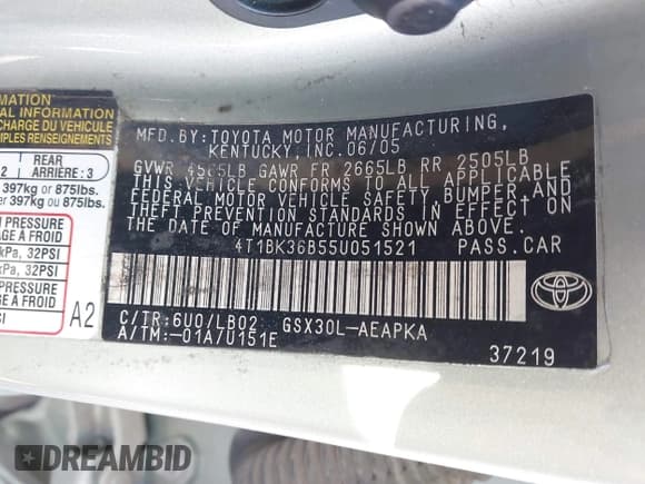 ✅ 2005 Toyota Avalon Touring • VIN: 4T1BK36B55U051521 • Lot: 43798509. Listed on IAAI with 217,290 mi. Free auction sales archive from the USA and detailed vehicle history report at DreamBid. Image 9.