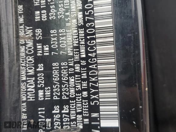 ✅ 2012 Hyundai Santa Fe Limited • VIN: 5XYZKDAG4CG103750 • Lot: 80894914. Listed on Copart with 242,079 mi. Free auction sales archive from the USA and detailed vehicle history report at DreamBid. Image 15.