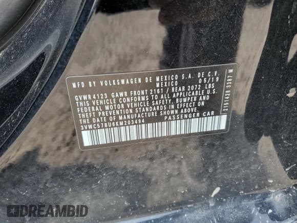 ✅ 2019 Volkswagen Jetta S • VIN: 3VWC57BU6KM203494 • Lot: 60311595. Listed on Copart with 100,407 mi. Free auction sales archive from the USA and detailed vehicle history report at DreamBid. Image 13.