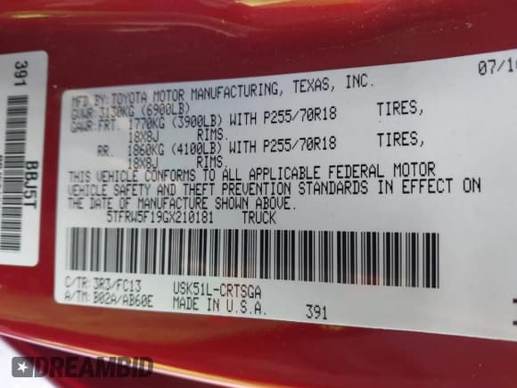 ✅ 2016 Toyota Tundra SR5 • VIN: 5TFRW5F19GX210181 • Лот: 41266287. Опубликован ранее на IAAI с пробегом 159 409 миль. Бесплатный доступ к архиву аукционных продаж из США и подробный отчёт об истории автомобиля на DreamBid. Изображение 9.