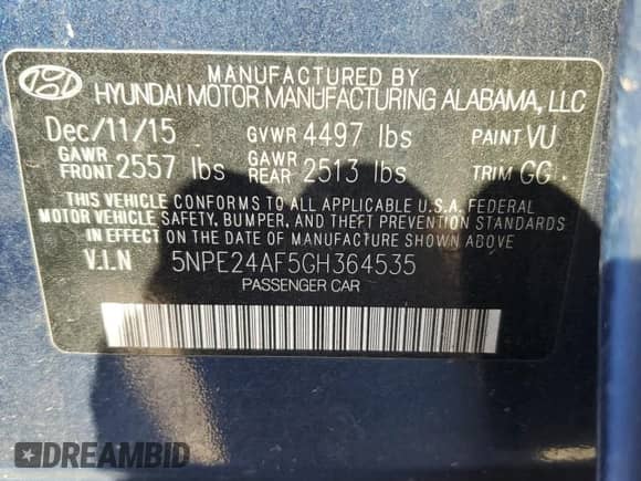 2016 Hyundai Sonata SE с VIN 5NPE24AF5GH364535, выставлен на аукционе Copart как лот 82239985 с пробегом 156 217 миль миль и Списание • Salvage title. История ставок и продаж доступна на DreamBid. Изображение 12.