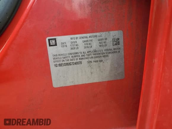 ✅ 2016 Chevrolet Cruze LT • VIN: 1G1BE5SM0G7240070 • Lot: 47726043. Listed on Copart with 82,024 mi. Free auction sales archive from the USA and detailed vehicle history report at DreamBid. Image 12.