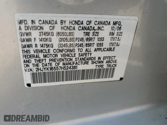 ✅ 2007 Honda Ridgeline RTL • VIN: 2HJYK16557H524381 • Lot: 59110995. Listed on Copart with 170,634 mi. Free auction sales archive from the USA and detailed vehicle history report at DreamBid. Image 12.
