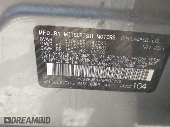 ✅ 2022 Mitsubishi Mirage ES • VIN: ML32FUFJXNHF02298 • Лот: 42652738. Опубликован ранее на IAAI с пробегом 54 738 миль. Бесплатный доступ к архиву аукционных продаж из США и подробный отчёт об истории автомобиля на DreamBid. Изображение 9.