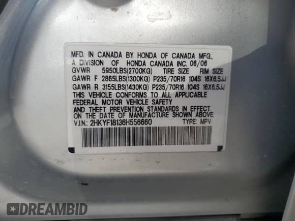 2006 Honda Pilot LX with VIN 2HKYF18136H556660, listed as a Copart auction lot 67755065 with 122,936 mi miles and Salvage title. Bid and sale history available at DreamBid. Image 13.