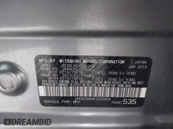 ✅ 2019 Mitsubishi Eclipse Cross ES • VIN: JA4AS3AA3KZ040959 • Lot: 43259035. Listed on IAAI with 85,863 mi. Free auction sales archive from the USA and detailed vehicle history report at DreamBid. Image 9.