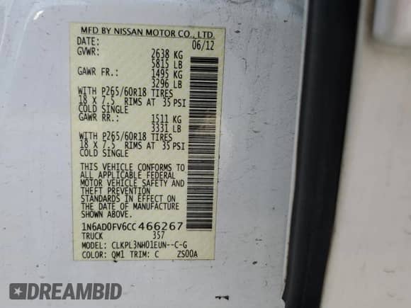 2012 Nissan Frontier SV with VIN 1N6AD0FV6CC466267, listed as a Copart auction lot 80561695 with 177,016 mi miles and Non repairable. Bid and sale history available at DreamBid. Image 12.