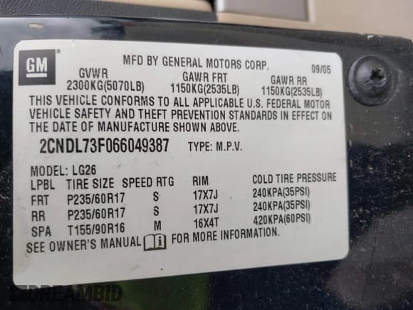 ✅ 2006 Chevrolet Equinox LT • VIN: 2CNDL73F066049387 • Лот: 42579717. Опубликован ранее на IAAI с пробегом 166 657 миль. Бесплатный доступ к архиву аукционных продаж из США и подробный отчёт об истории автомобиля на DreamBid. Изображение 9.