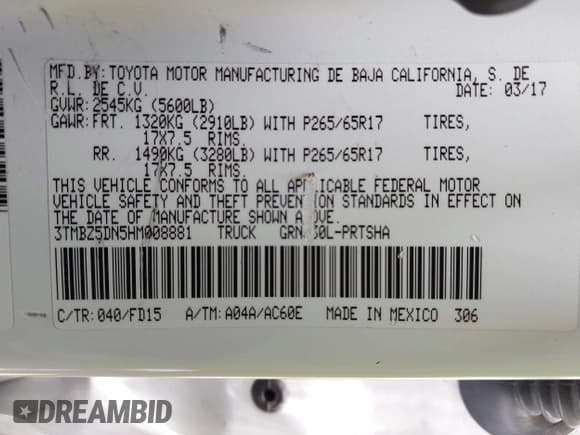 ✅ 2017 Toyota Tacoma SR5 • VIN: 3TMBZ5DN5HM008881 • Lot: 42465612. Listed on IAAI with 228,043 mi. Free auction sales archive from the USA and detailed vehicle history report at DreamBid. Image 9.