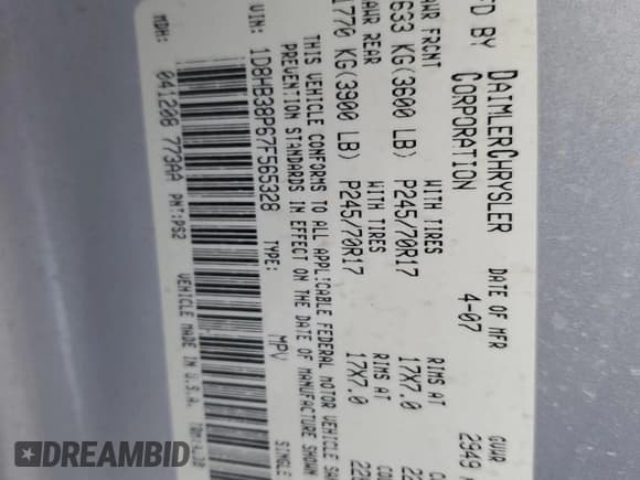 ✅ 2007 Dodge Durango SXT • VIN: 1D8HB38P67F565328 • Lot: 46153125. Listed on Copart with 211,093 mi. Free auction sales archive from the USA and detailed vehicle history report at DreamBid. Image 13.