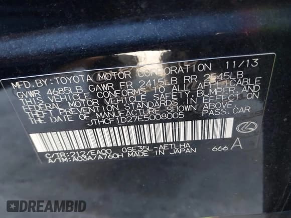 ✅ 2014 Lexus IS 250 • VIN: JTHCF1D27E5008005 • Lot: 43209287. Listed on IAAI with 113,379 mi. Free auction sales archive from the USA and detailed vehicle history report at DreamBid. Image 9.