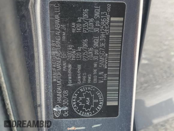 ✅ 2009 Hyundai Santa Fe GL • VIN: 5NMSG73E39H258613 • Lot: 49354215. Listed on Copart with 210,591 mi. Free auction sales archive from the USA and detailed vehicle history report at DreamBid. Image 13.