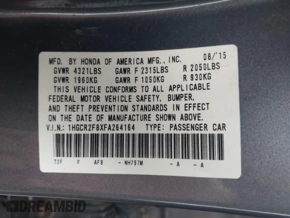 ✅ 2015 Honda Accord EX-L • VIN: 1HGCR2F8XFA264164 • Lot: 43739565. Listed on IAAI with 170,533 mi. Free auction sales archive from the USA and detailed vehicle history report at DreamBid. Image 9.