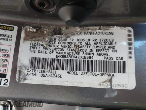 ✅ 2004 Toyota Corolla CE • VIN: 1NXBR38E84Z316594 • Lot: 43172661. Listed on IAAI with 106,343 mi. Free auction sales archive from the USA and detailed vehicle history report at DreamBid. Image 9.