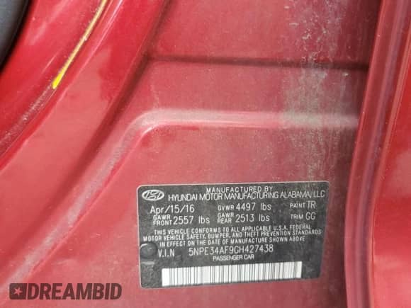 2016 Hyundai Sonata Sport with VIN 5NPE34AF9GH427438, listed as a Copart auction lot 66617765 with 90,603 mi miles and Salvage title. Bid and sale history available at DreamBid. Image 12.