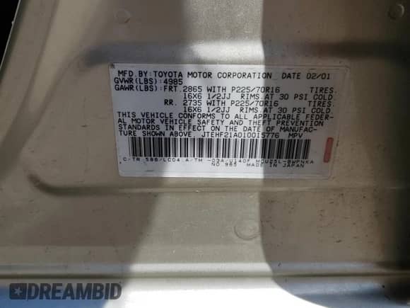 2001 Toyota Highlander с VIN JTEHF21A010015776, выставлен на аукционе Copart как лот 62600325 с пробегом 208 620 миль миль и Списание • Salvage title. История ставок и продаж доступна на DreamBid. Изображение 13.