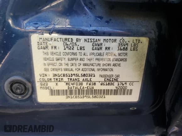 ✅ 2005 Nissan Sentra S • VIN: 3N1CB51D95L580321 • Лот: 87247885. Опубликован ранее на Copart с пробегом 202 313 миль. Бесплатный доступ к архиву аукционных продаж из США и подробный отчёт об истории автомобиля на DreamBid. Изображение 12.