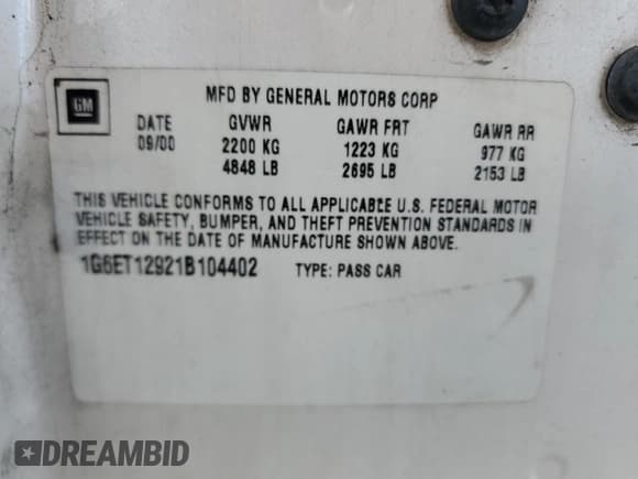 ✅ 2001 Cadillac Eldorado Touring ETC • VIN: 1G6ET12921B104402 • Lot: 52319595. Wystawiony na Copart z przebiegiem 82 946 mil. Bezpłatny archiwum sprzedaży aukcyjnych z USA i szczegółowy raport historii pojazdu na DreamBid. Zdjęcie 12.