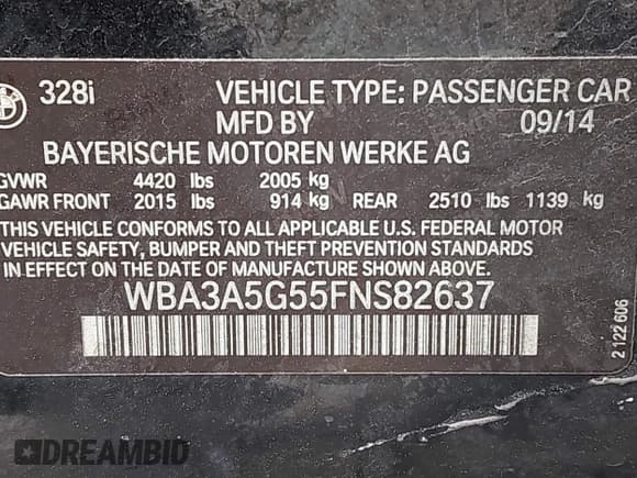 ✅ 2015 BMW 3 Series 328i • VIN: WBA3A5G55FNS82637 • Lot: 41815354. Listed on IAAI with 126,054 mi. Free auction sales archive from the USA and detailed vehicle history report at DreamBid. Image 9.