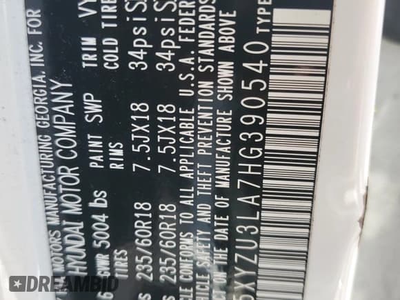 ✅ 2017 Hyundai Santa Fe 2.0T • VIN: 5XYZU3LA7HG390540 • Лот: 63862624. Опубликован ранее на Copart с пробегом 91 602 миль. Бесплатный доступ к архиву аукционных продаж из США и подробный отчёт об истории автомобиля на DreamBid. Изображение 13.