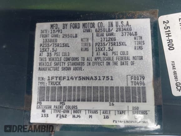 ✅ 1992 Ford F-150 • VIN: 1FTEF14Y5NNA31751 • Лот: 43851731. Опубликован ранее на IAAI с пробегом 138 880 миль. Бесплатный доступ к архиву аукционных продаж из США и подробный отчёт об истории автомобиля на DreamBid. Изображение 9.