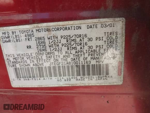 2001 Toyota Highlander с VIN JTEGF21A810011163, выставлен на аукционе IAAI как лот 39456614 с пробегом 194 532 миль миль и . История ставок и продаж доступна на DreamBid. Изображение 9.