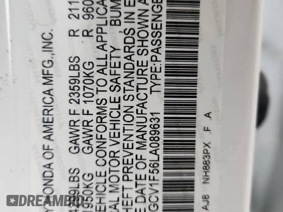2020 Honda Accord EX-L with VIN 1HGCV1F56LA089631, listed as a Copart auction lot 81540865 with 93,291 mi miles and Salvage title. Bid and sale history available at DreamBid. Image 13.