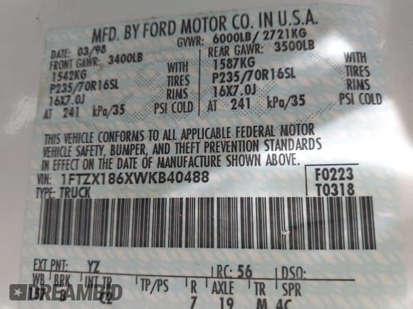 ✅ 1998 Ford F-150 • VIN: 1FTZX186XWKB40488 • Lot: 42121042. Wystawiony na IAAI z przebiegiem 109 200 mil. Bezpłatny archiwum sprzedaży aukcyjnych z USA i szczegółowy raport historii pojazdu na DreamBid. Zdjęcie 9.